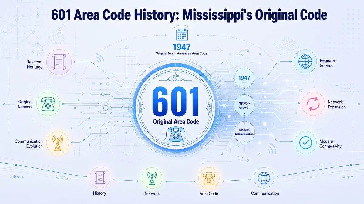 History of the 601 area code — Mississippi's original 1947 NANP code, tracing splits into 228 (1999) and 662 (2001) and the 2010 overlay addition of 769