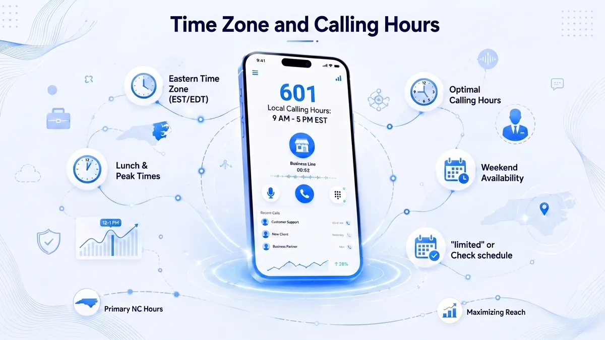 601 area code time zone and calling hours — Central Time Zone calling windows, optimal business hours, and local calling schedule for the 601 Mississippi region
