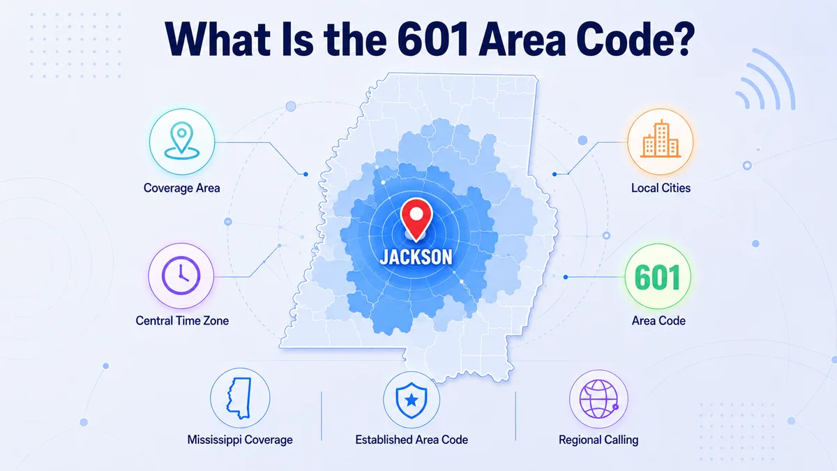 What is the 601 area code — Mississippi map showing central and southern coverage including Jackson, Hattiesburg, Meridian, Vicksburg, Natchez, Laurel, and McComb