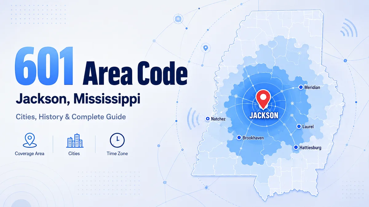 601 area code — Mississippi map covering Jackson, Hattiesburg, Meridian, Vicksburg, Natchez, and Laurel across central and southern Mississippi