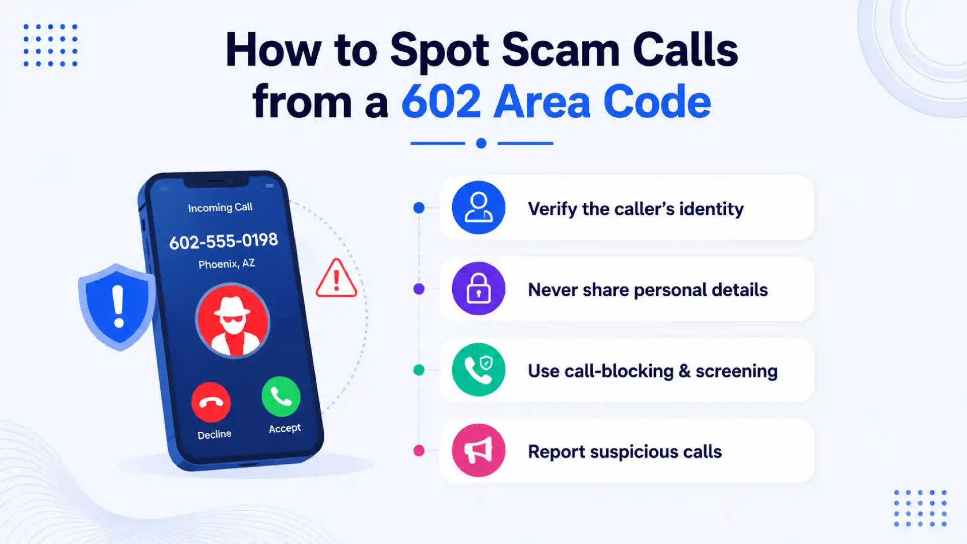 How to Spot Scam Calls from a 602 Area Code — verify the caller's identity, never share personal details, use call-blocking and screening, and report suspicious calls