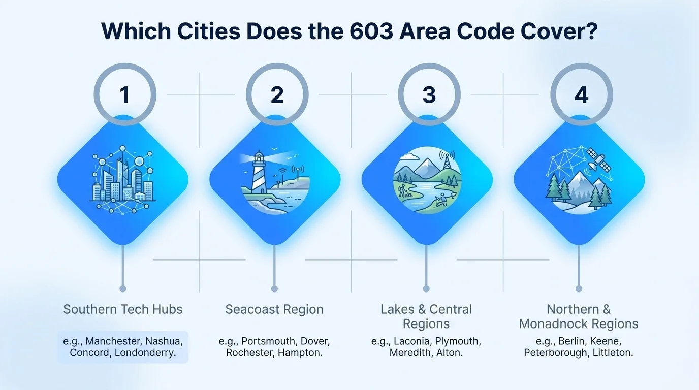 Major cities covered by the 603 area code across New Hampshire