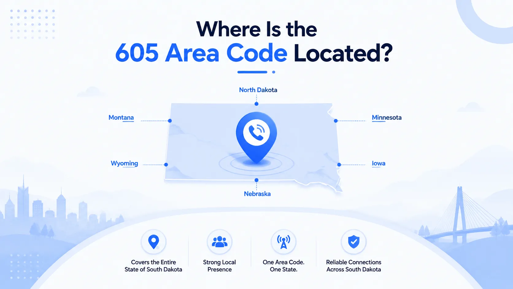 Map showing where the 605 area code is located — the entire state of South Dakota, bordered by North Dakota, Minnesota, Iowa, Nebraska, Wyoming, and Montana