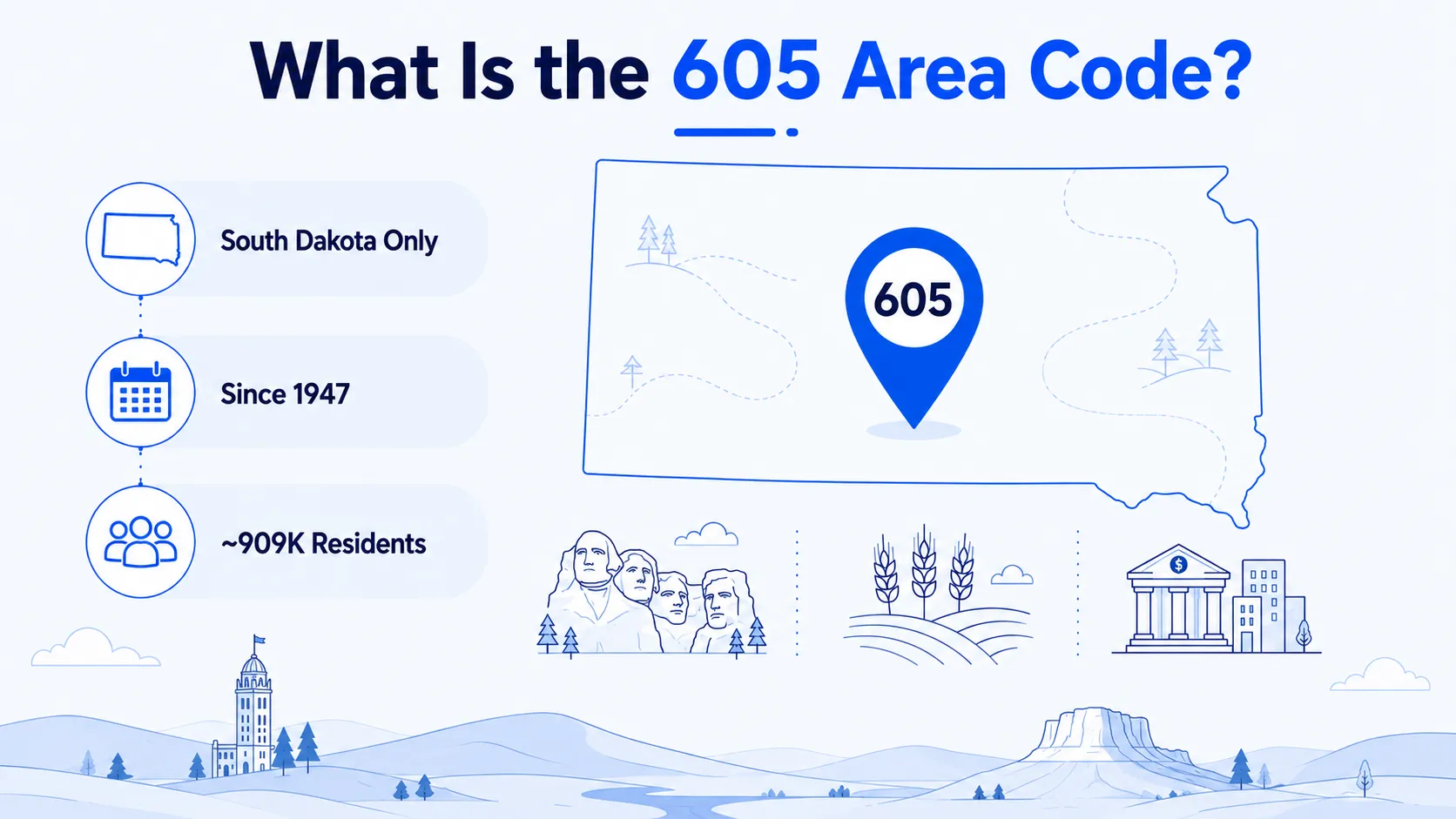 What is the 605 area code — South Dakota only, since 1947, serving approximately 909,000 residents across the Great Plains and Black Hills