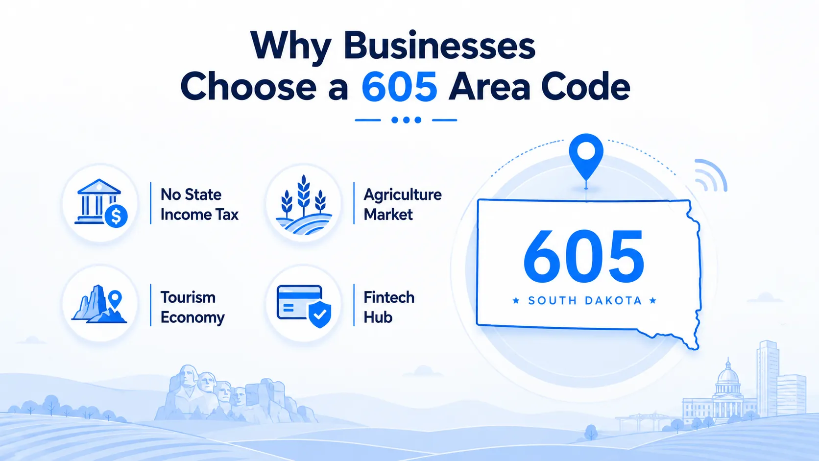 Why businesses choose a 605 area code — no state income tax, agriculture market, tourism economy, and fintech hub opportunities in South Dakota