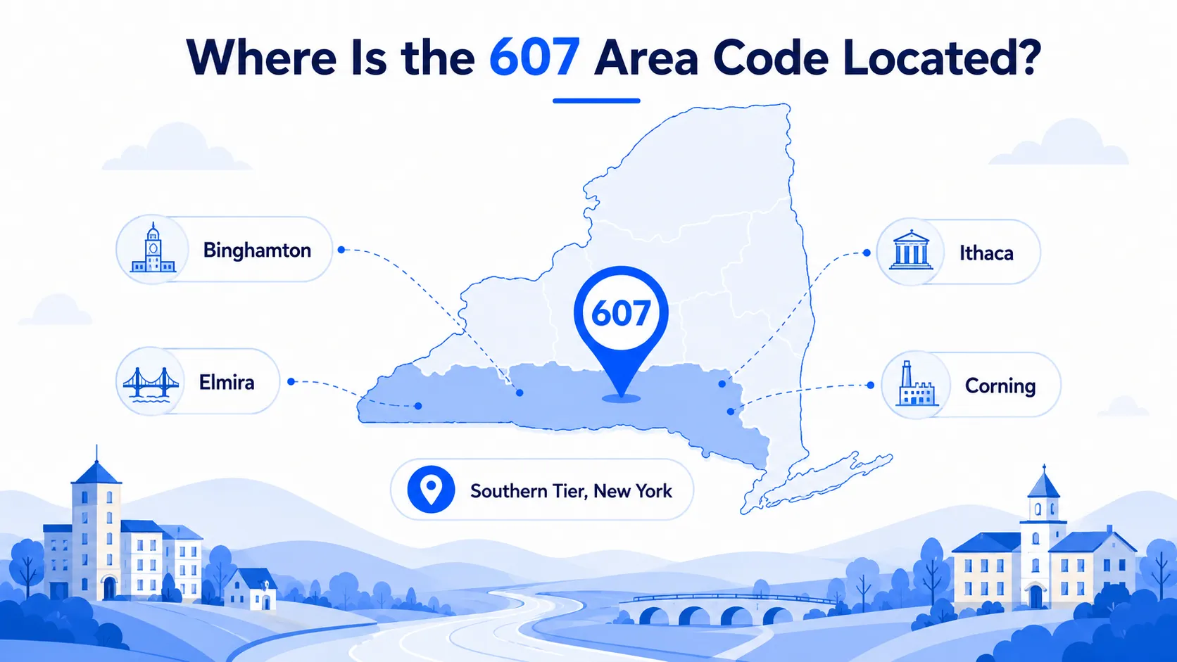 Map showing where the 607 area code is located — New York's Southern Tier region including Binghamton, Ithaca, Elmira, and Corning