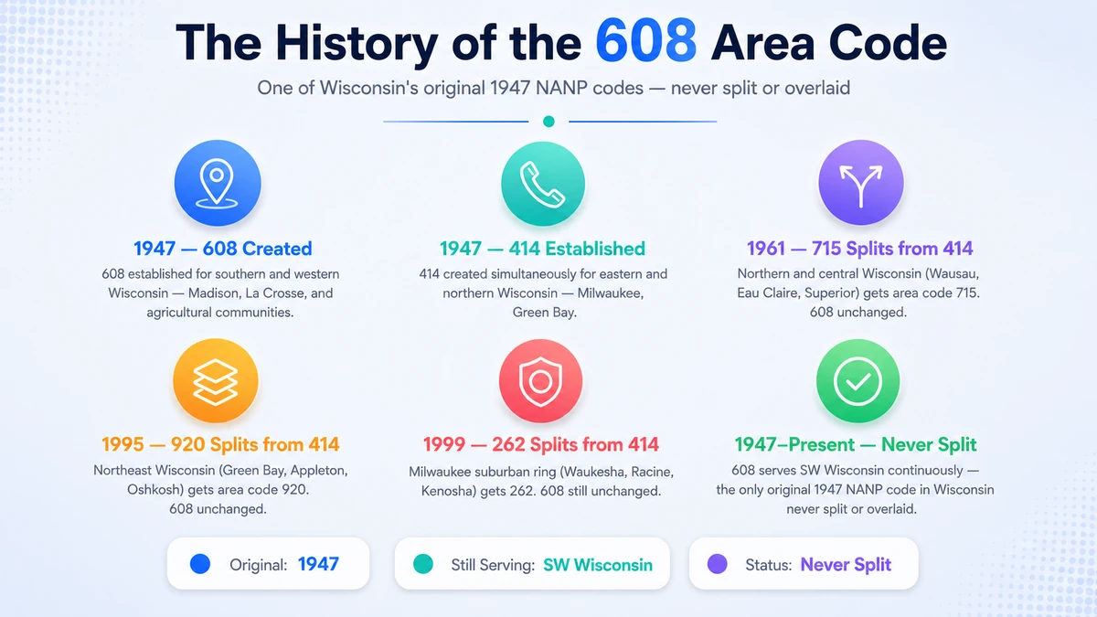 Timeline showing the history of the 608 area code from its 1947 creation as one of Wisconsin's two original NANP area codes through its uninterrupted service to southwest Wisconsin
