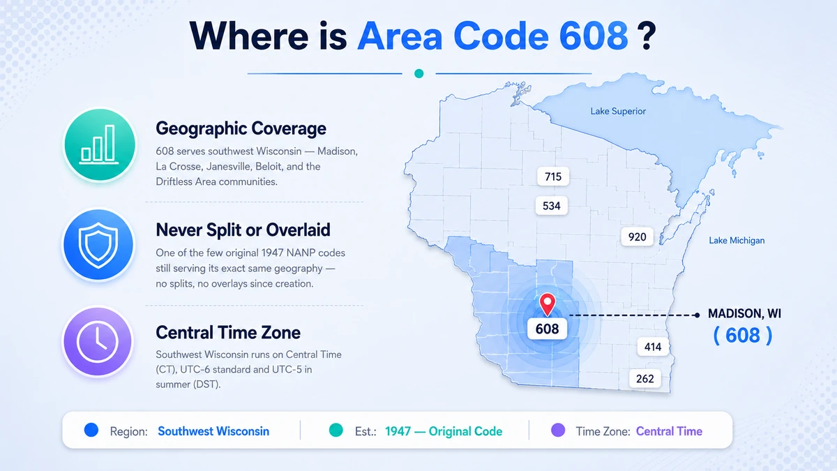 608 area code coverage map showing southwest Wisconsin including Madison, La Crosse, Janesville, Beloit, Wisconsin Dells, and Baraboo
