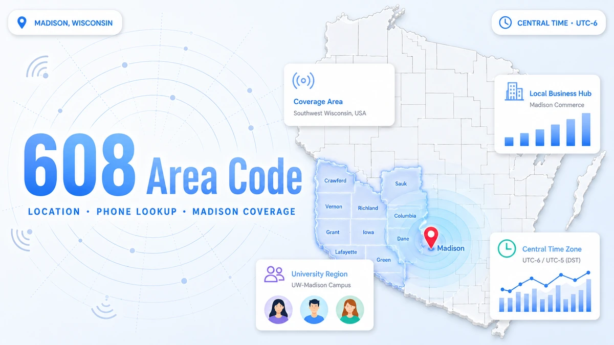 608 area code — southwest Wisconsin coverage map showing Madison, La Crosse, Janesville, Beloit, Wisconsin Dells, and Baraboo