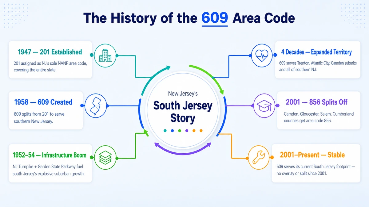 Timeline showing the history of the 609 area code from the 1947 creation of 201 through the 1958 split that created 609 for southern New Jersey and the 2001 split that created 856