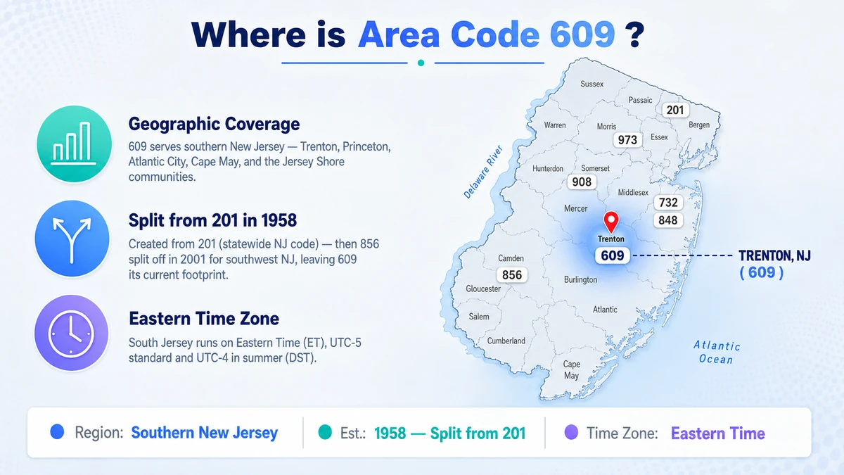 609 area code coverage map showing southern New Jersey including Trenton, Princeton, Atlantic City, Cape May, and Burlington