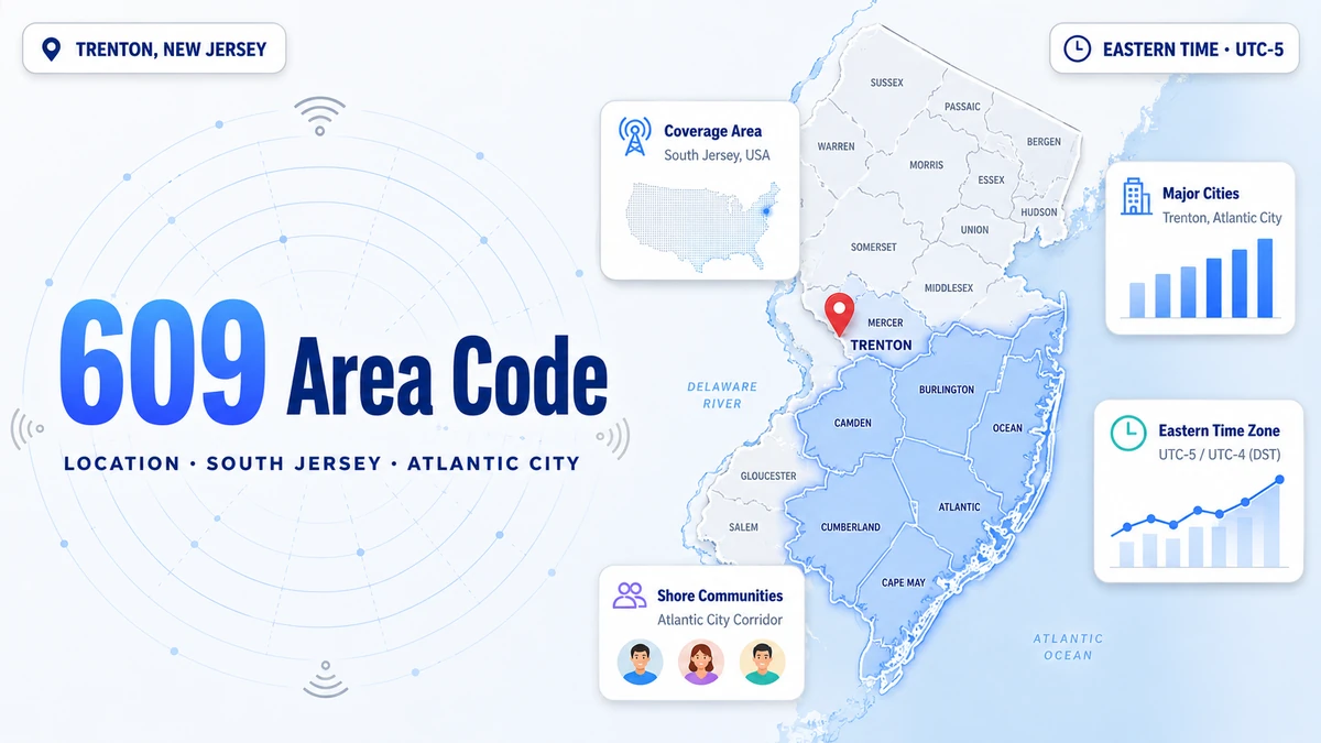609 area code — southern New Jersey coverage map showing Trenton, Princeton, Atlantic City, Cape May, Wildwood, and Burlington