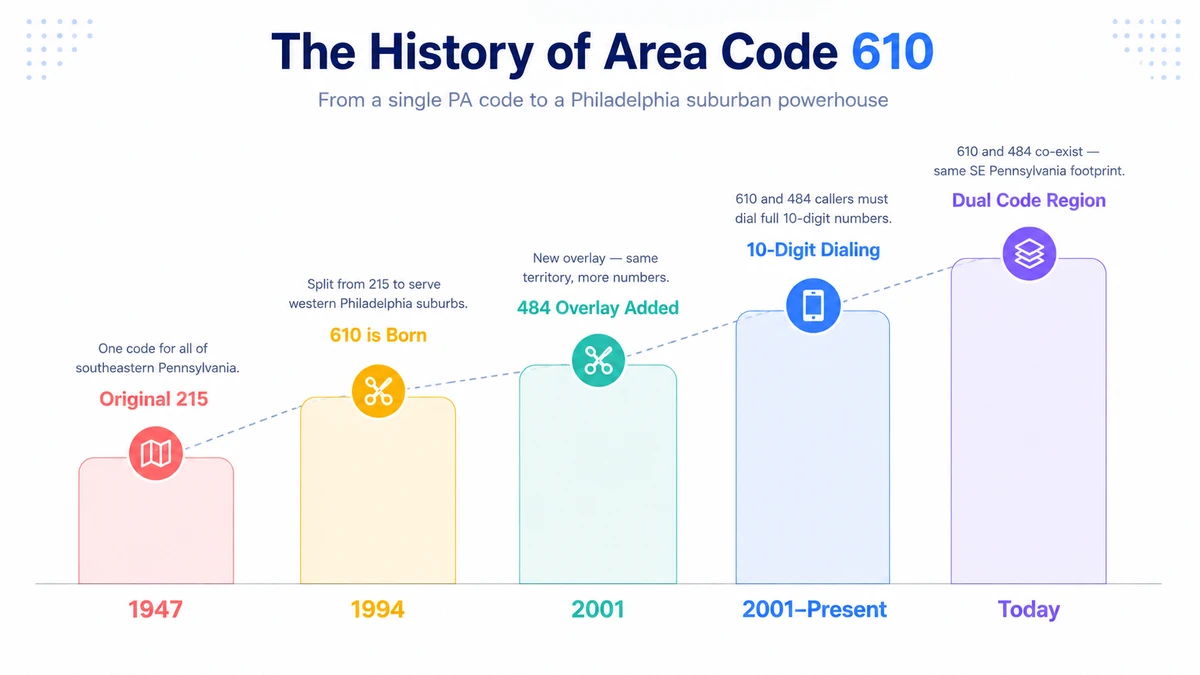 Timeline showing the history of the 610 area code from the 1947 creation of 215 through the 1994 split that created 610 for southeastern Pennsylvania and the 2001 overlay that added 484