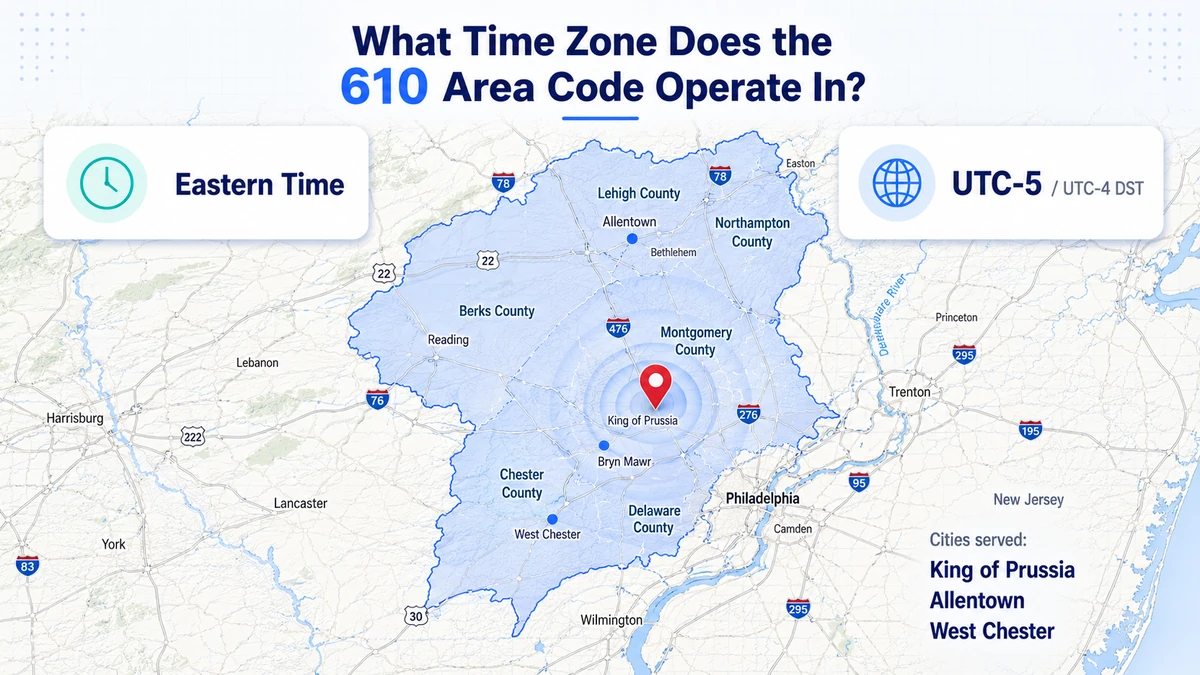 610 area code coverage map showing southeastern Pennsylvania including the Philadelphia Main Line suburbs, King of Prussia, West Chester, Reading, Allentown, and Bethlehem