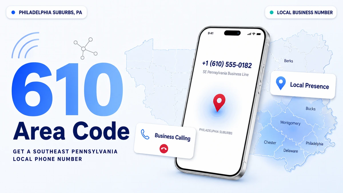 610 area code — southeastern Pennsylvania coverage map showing the Philadelphia Main Line suburbs, King of Prussia, Reading, Allentown, and Bethlehem