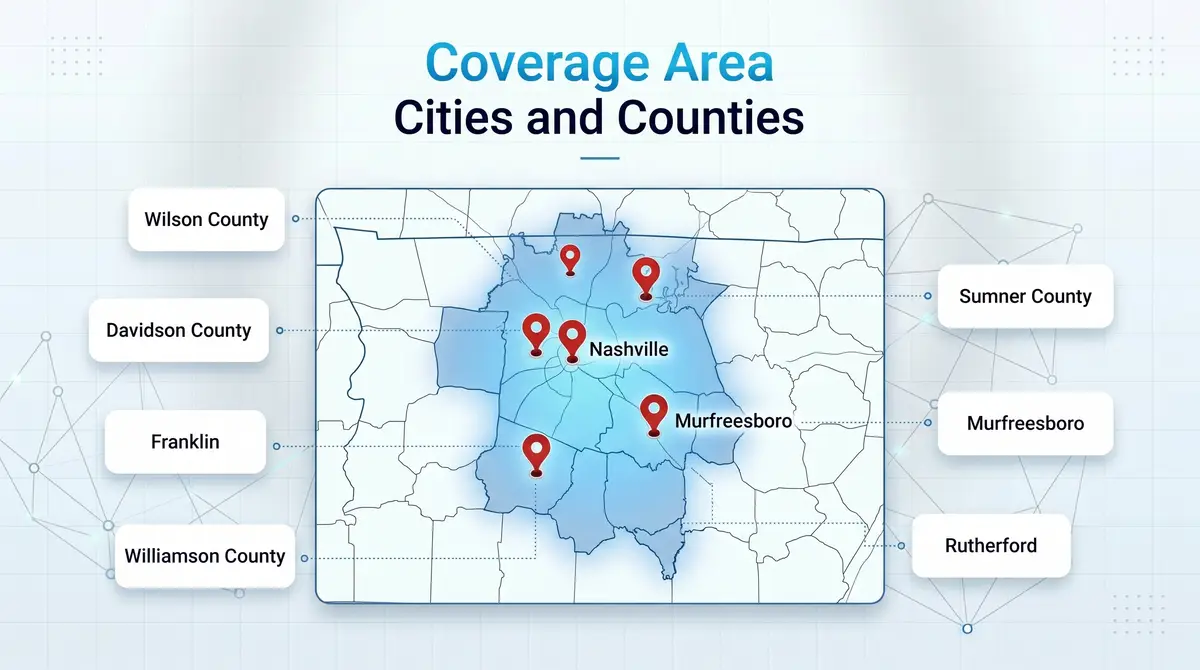 615 area code coverage map across Nashville and Middle Tennessee cities and counties