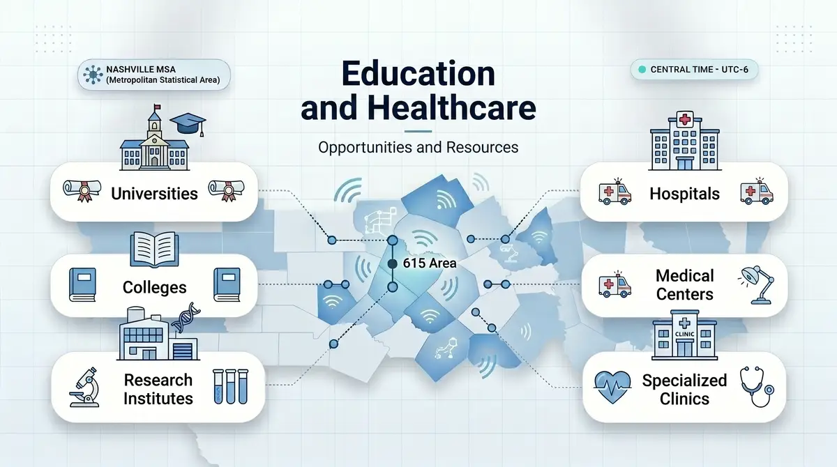 Education and healthcare resources in the 615 area code — Nashville, Tennessee