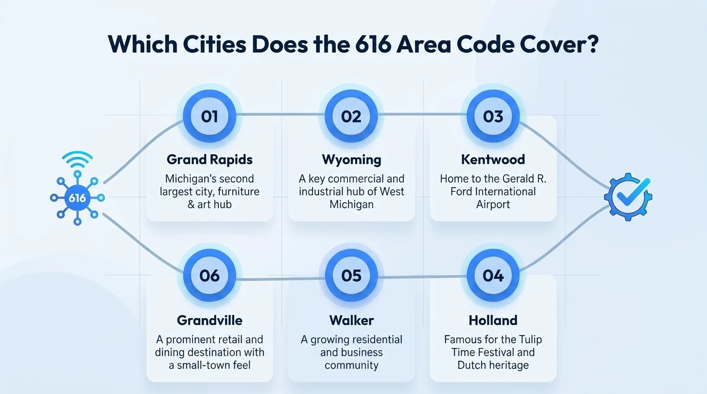 Cities and communities covered by the 616 area code across West Michigan