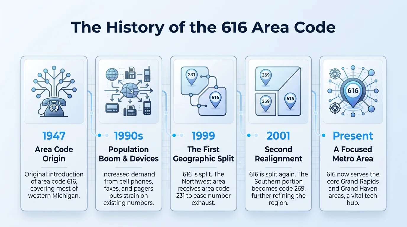 History of the 616 area code — from 1961 western Michigan coverage to Grand Rapids metro prefix