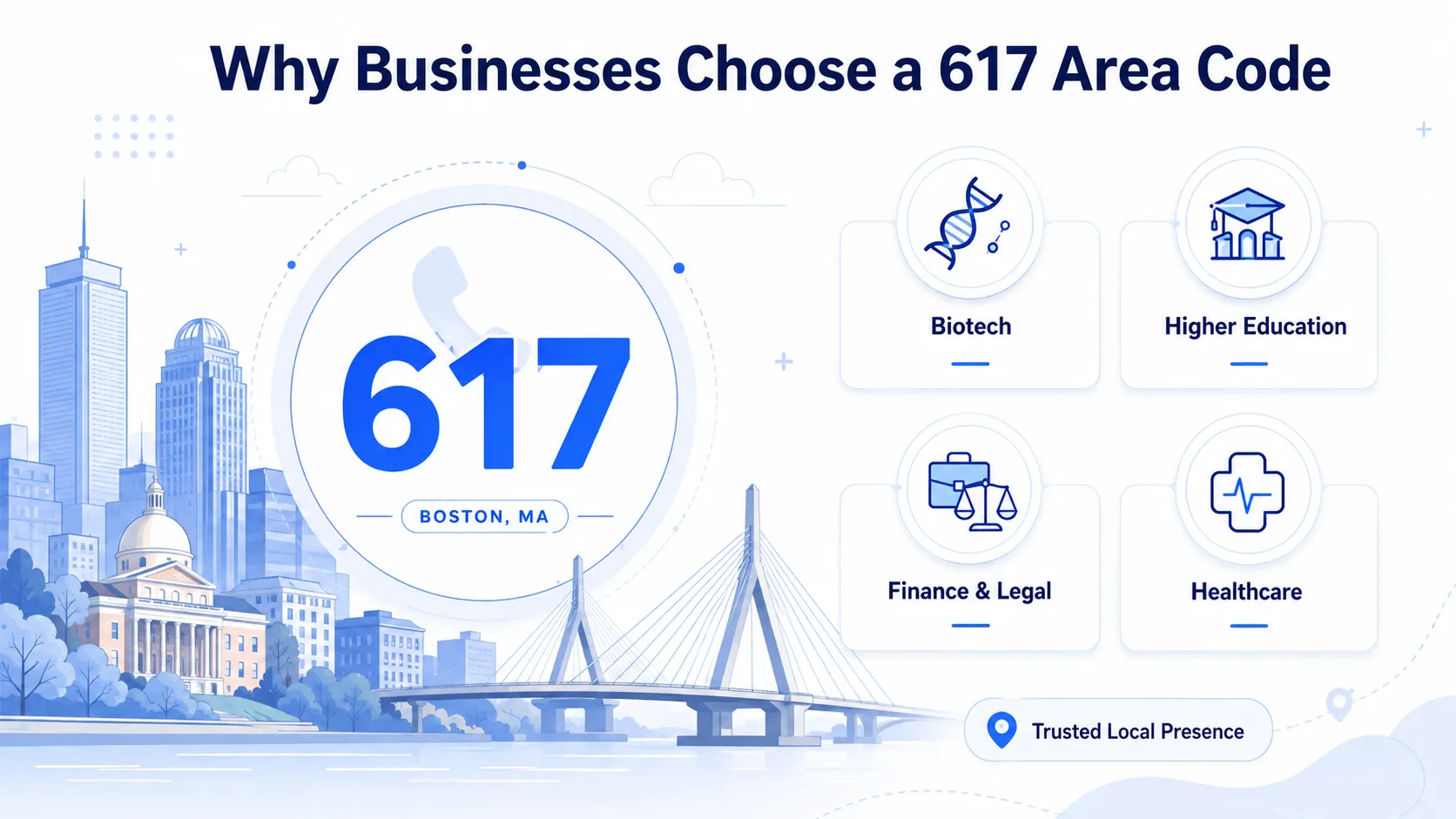 Why businesses choose a 617 area code — biotech, higher education, finance and legal, and healthcare sectors in Boston, Massachusetts with trusted local presence