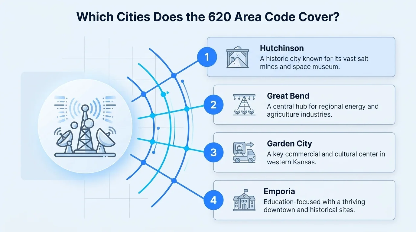 Cities and communities covered by the 620 area code across southern Kansas