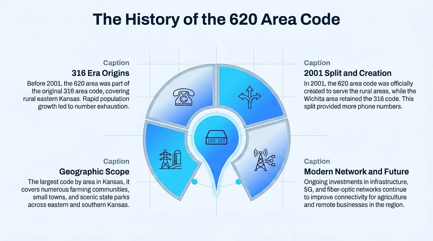 History of the 620 area code — from 1947 NANP origin to 2002 split from 316