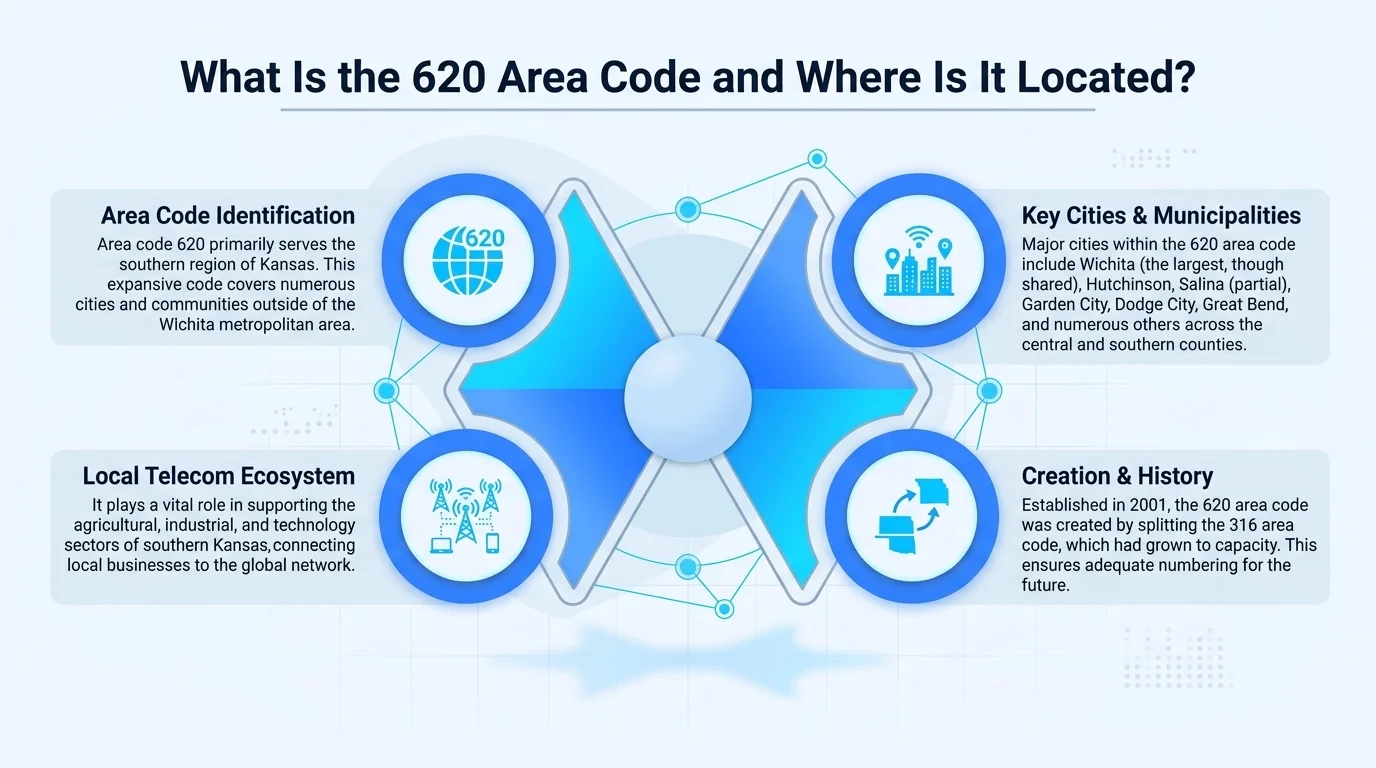 Map showing the 620 area code location across southern and south-central Kansas