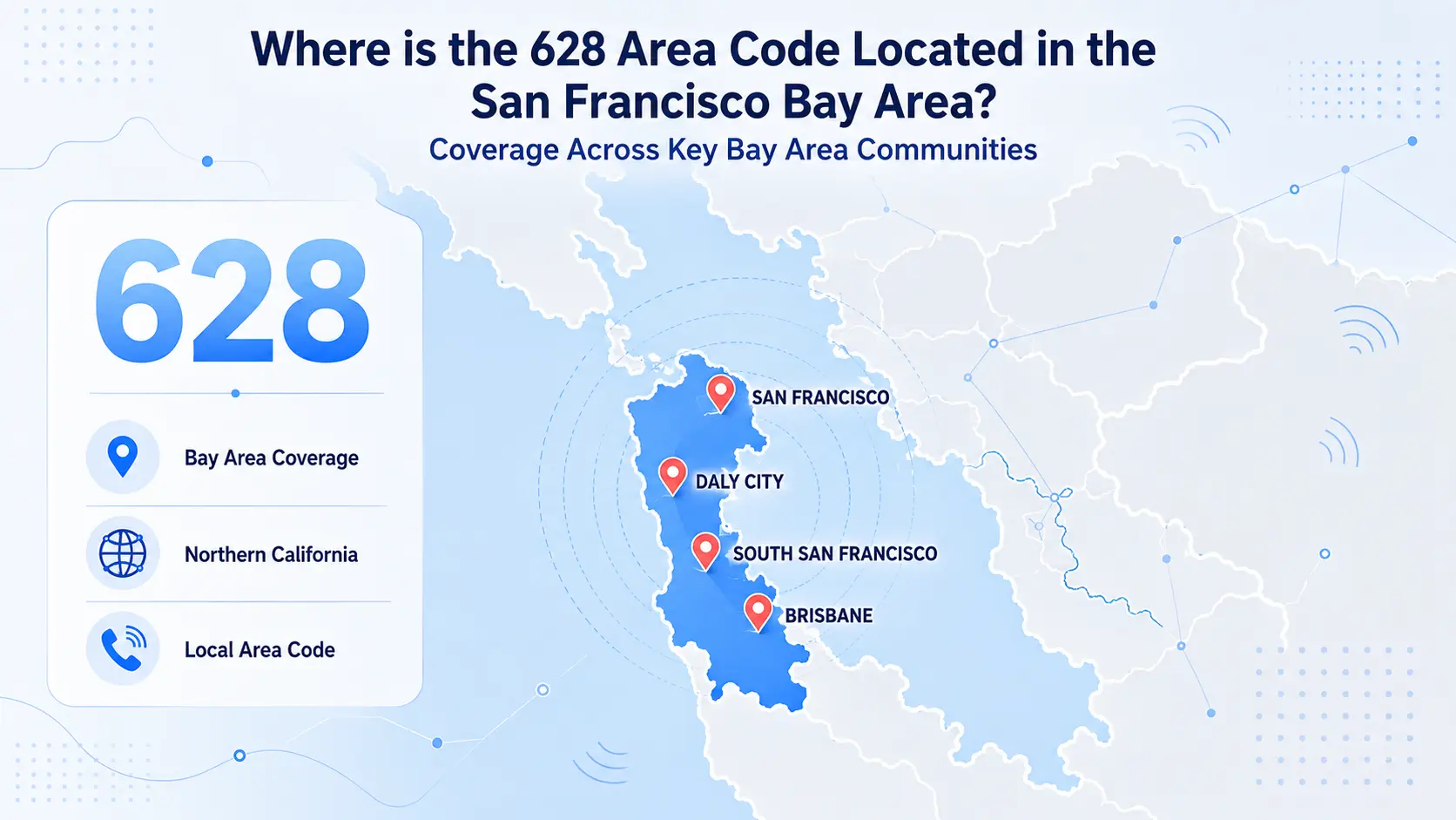 Where is the 628 area code located — San Francisco Bay Area map showing San Francisco, San Rafael, and Daly City