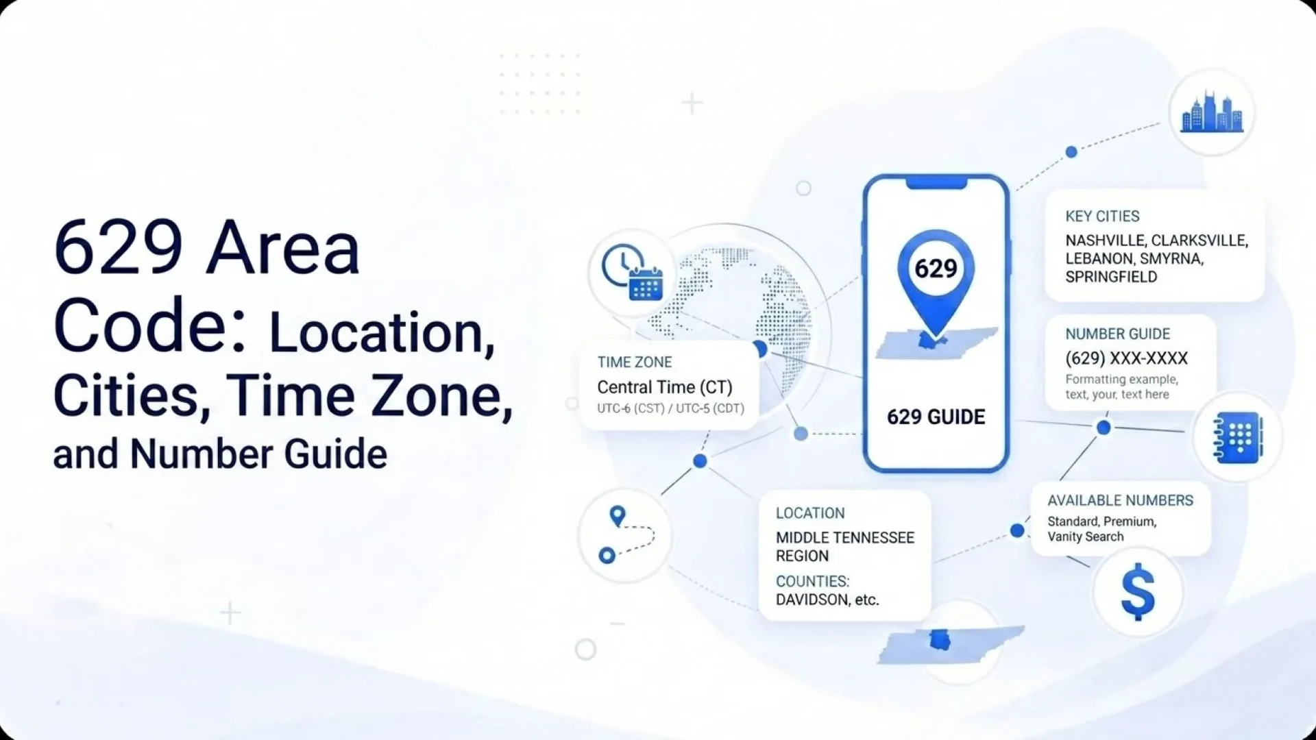 629 Area Code: Location, Cities, Time Zone, and Number Guide — Central Time (CT), Middle Tennessee region, key cities Nashville, Clarksville, Lebanon, Smyrna, and Springfield