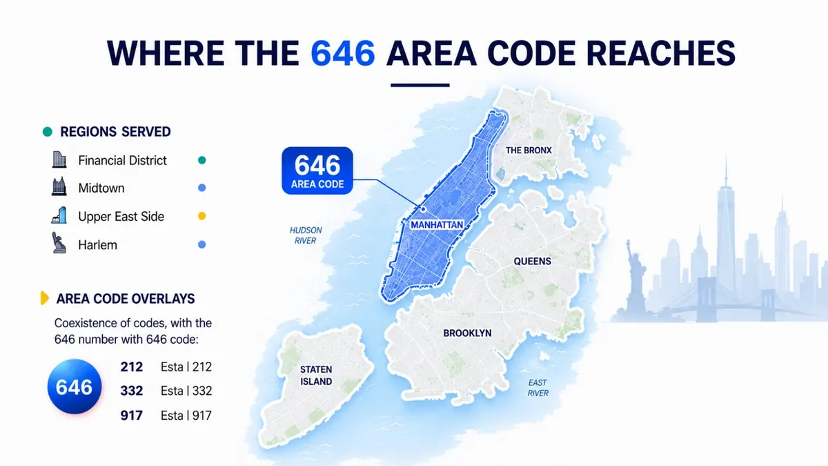 646 area code location map — Manhattan borough, New York City