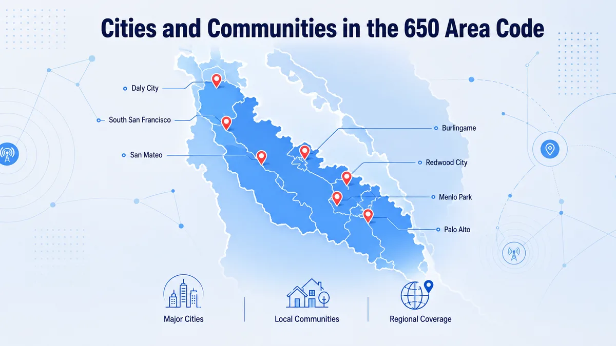 Cities in the 650 area code — Palo Alto, San Mateo, Redwood City, Menlo Park, Foster City, South San Francisco, Daly City, and San Bruno across the San Francisco Peninsula