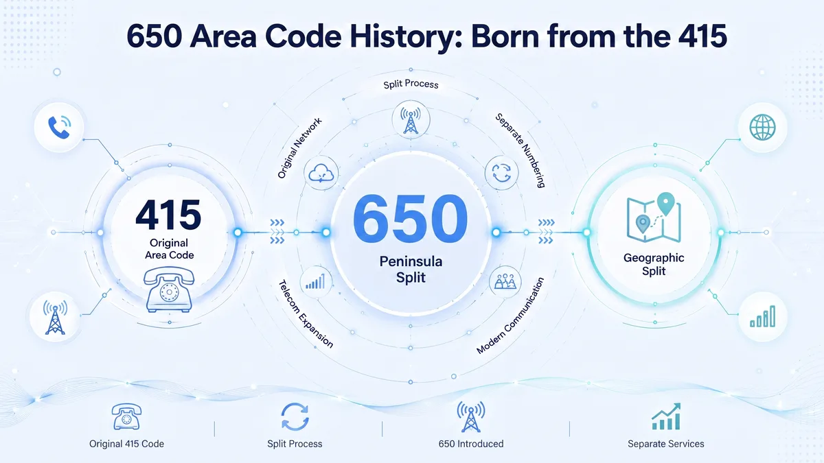 History of the 650 area code — San Francisco Peninsula split from 415 on August 2, 1997, tracing the 1947 NANP origin, the 1991 510 split, and the 2015 628 overlay added to 415 (not 650)