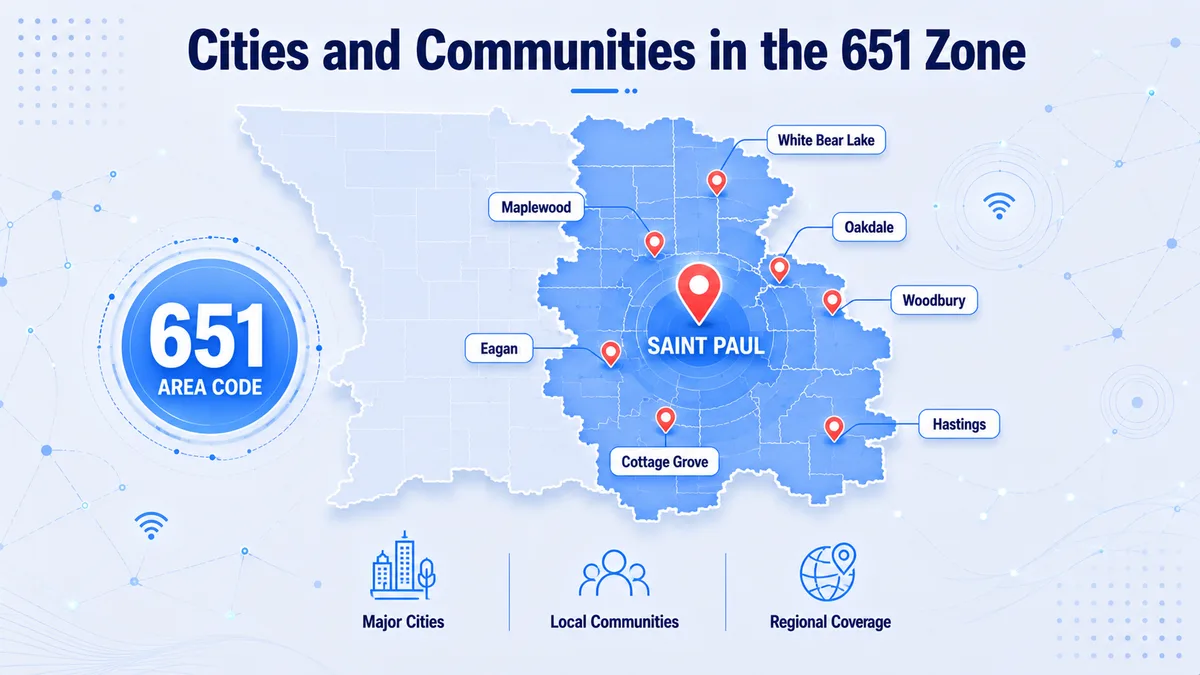 Cities in the 651 zone — Saint Paul, Maplewood, Roseville, Woodbury, Eagan, White Bear Lake, Inver Grove Heights, and Stillwater across the eastern Twin Cities