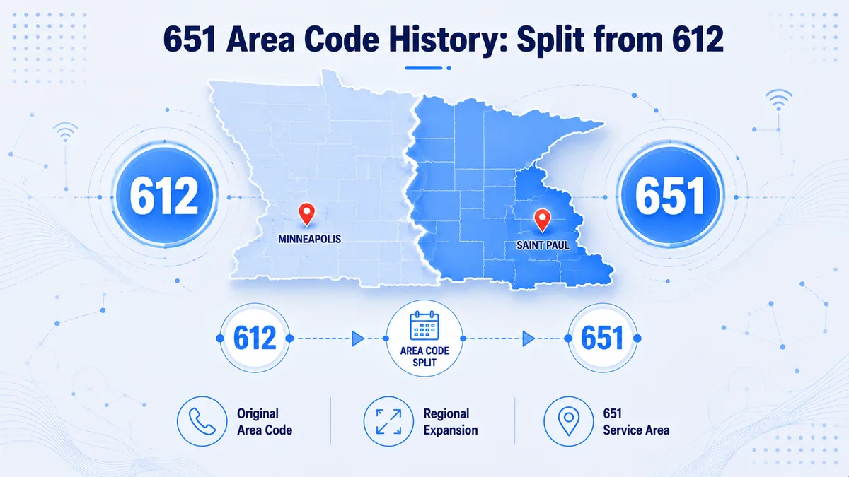 History of the 651 code — Minnesota's Twin Cities split from 612 on August 1, 1998, with later 763 and 952 splits in 2000 creating four distinct metro dialing codes