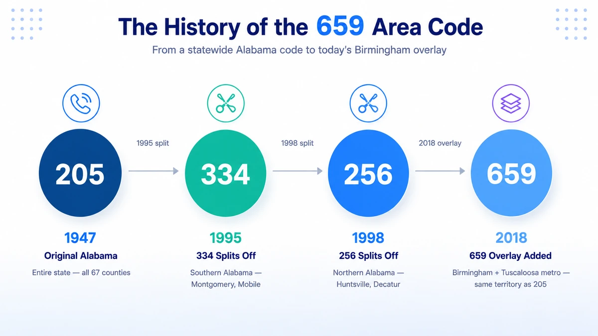 Timeline showing the history of the 659 area code from the 1947 creation of 205 for Alabama through the 2018 overlay that added 659 to serve Birmingham and central Alabama
