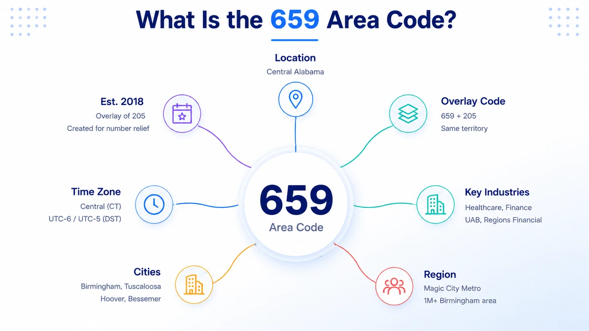 659 area code coverage map showing central Alabama including Birmingham, Hoover, Tuscaloosa, Bessemer, Vestavia Hills, Pelham, Alabaster, and the greater Birmingham metropolitan area