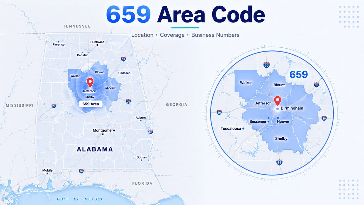 659 area code — Birmingham and central Alabama coverage map showing Hoover, Tuscaloosa, Bessemer, and the greater Birmingham metropolitan area