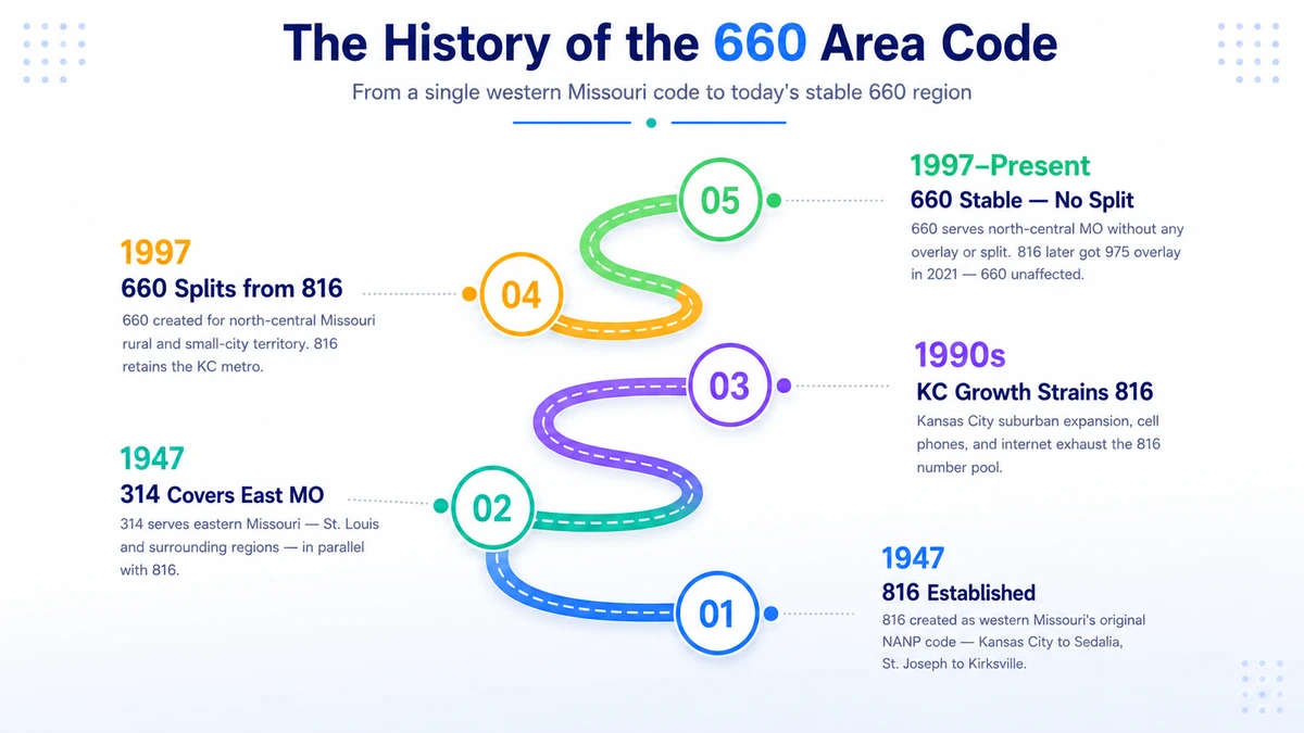 Timeline showing the history of the 660 area code from the 1947 creation of 816 for western Missouri through the 1997 split that created 660 for north-central Missouri