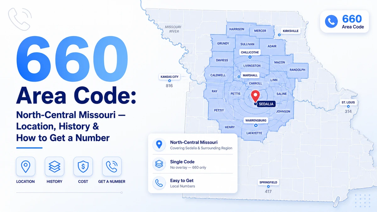 660 area code — north-central Missouri coverage map showing Sedalia, Marshall, Warrensburg, Chillicothe, Moberly, and Kirksville