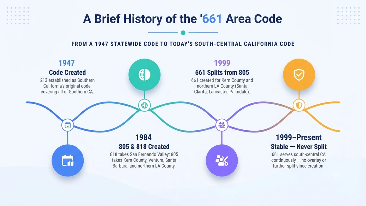 Timeline showing the history of the 661 area code from the 1947 creation of 213 for Southern California through the 1984 creation of 805 and the 1999 split that created 661 for Bakersfield and south-central California