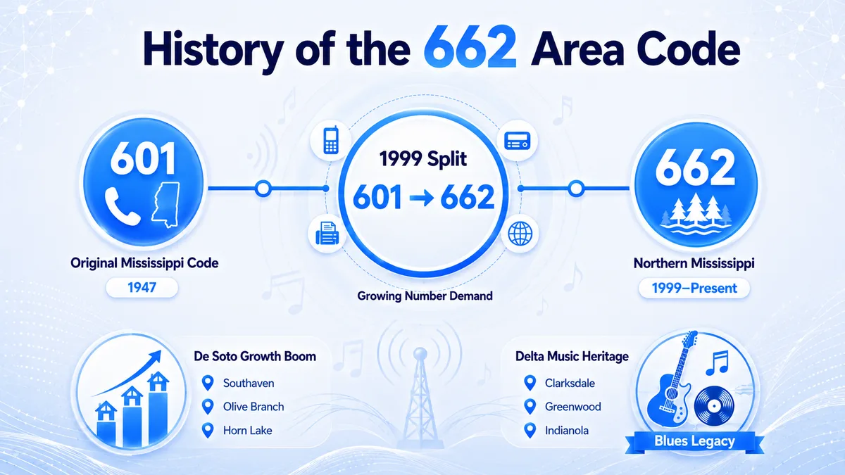 History of the 662 area code — Mississippi telephone history from the original 601 area code through the 1999 geographic split that created northern Mississippi's dedicated prefix
