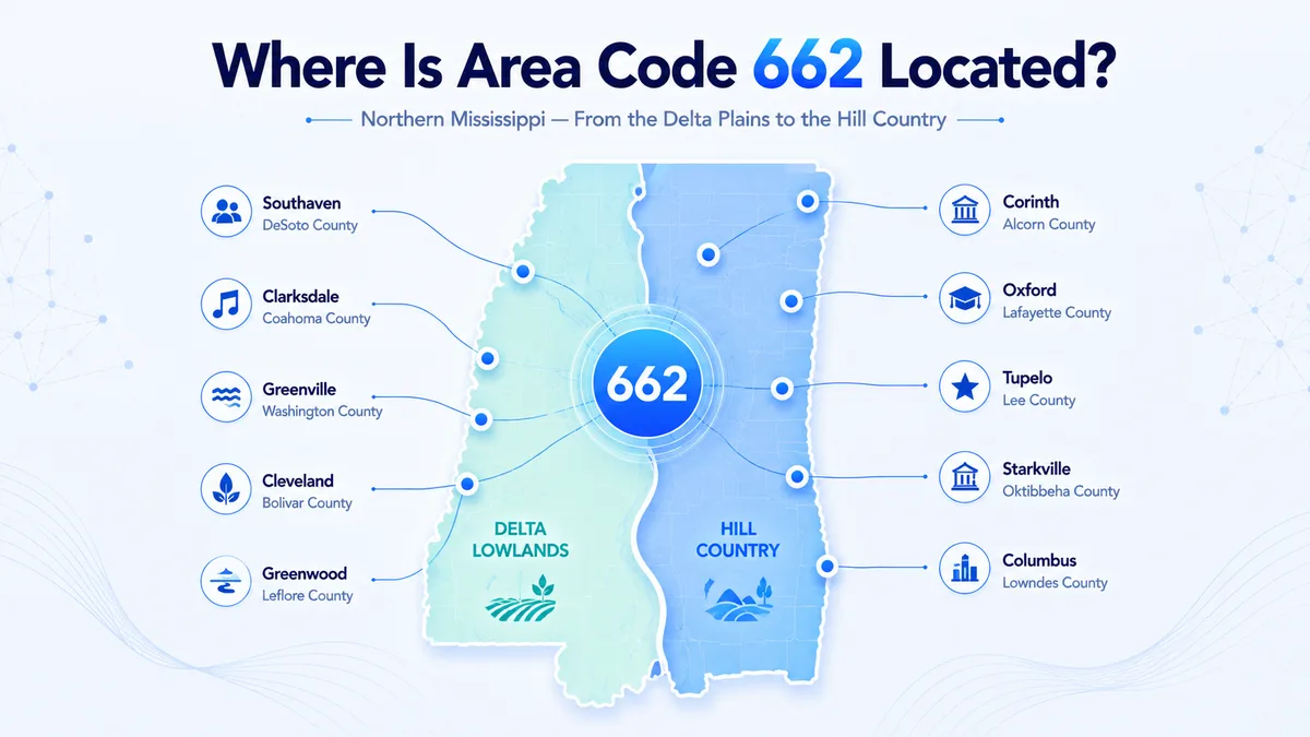 662 area code location map — northern Mississippi coverage including Southaven, Tupelo, Oxford, Starkville, Greenville, Clarksdale, and the Mississippi Delta region