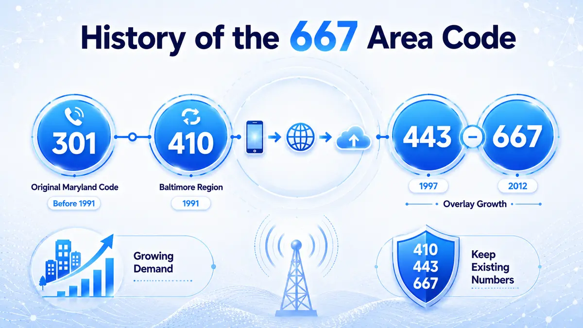 History of the 667 area code — Maryland telephone history from the original 301 area code through the 1991 410 split, the 1997 443 overlay, and the 2012 creation of the 667 prefix