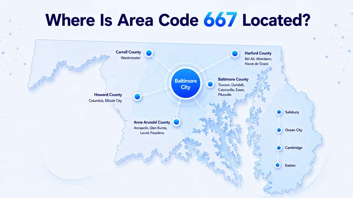 667 area code location map — central and eastern Maryland coverage including Baltimore City, Baltimore County, Anne Arundel, Howard County, Annapolis, Columbia, and the Eastern Shore