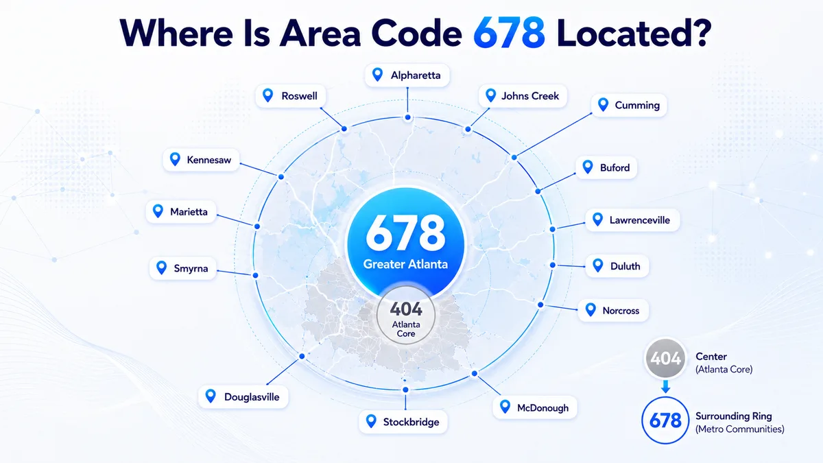 678 area code location map — suburban Atlanta coverage across Cobb County, Gwinnett County, Cherokee County, Forsyth County, north Fulton, north DeKalb, and surrounding Georgia metro counties