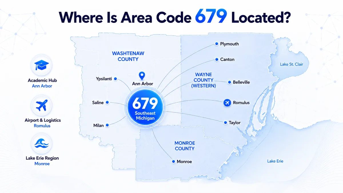 679 area code location map — southeastern Michigan coverage across Washtenaw County, Monroe County, and parts of Wayne County including Ann Arbor, Ypsilanti, Monroe, Canton Township, Romulus, Taylor, Belleville, and Plymouth