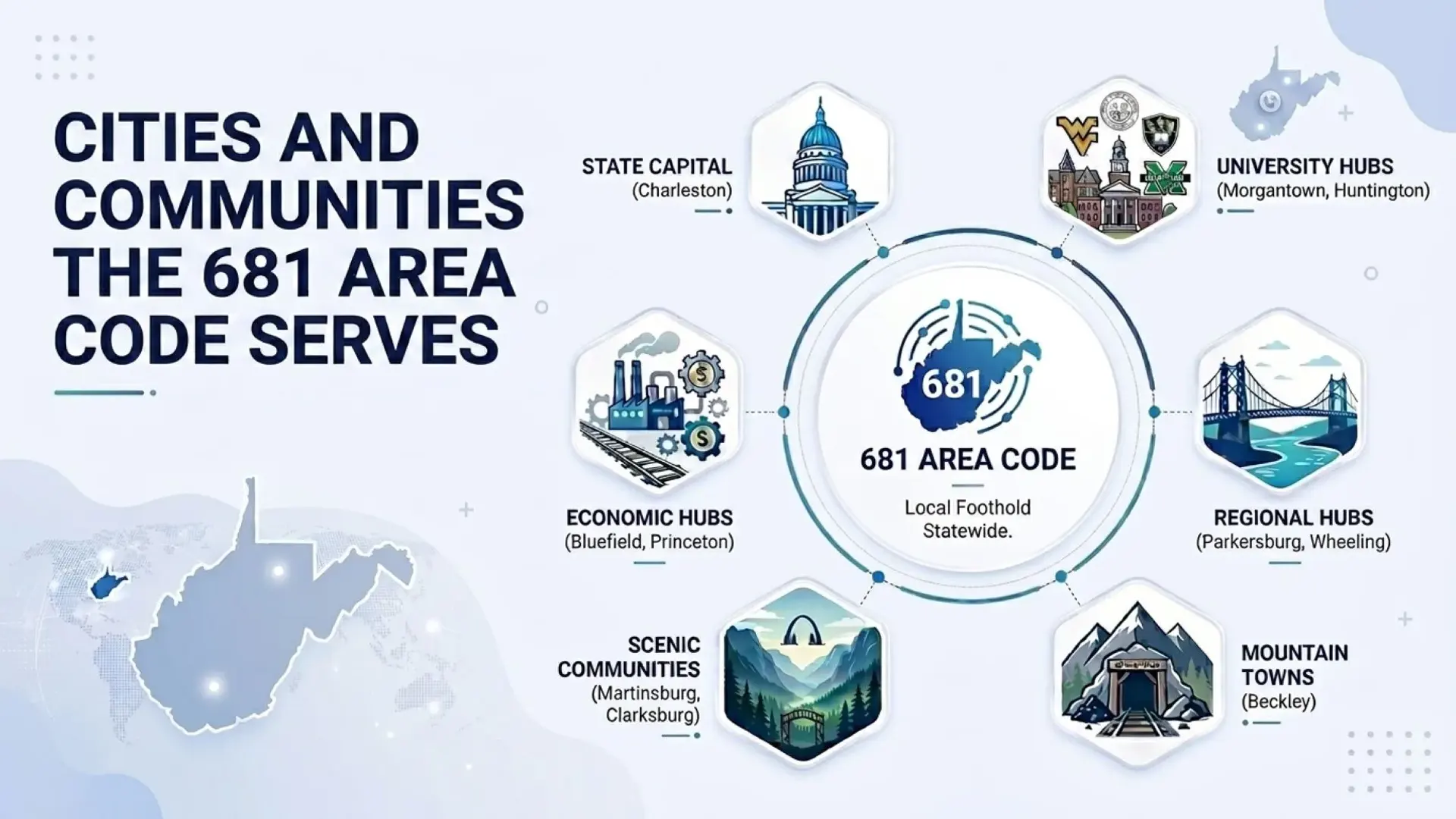 Cities and Communities the 681 Area Code Serves — state capital Charleston, university hubs Morgantown and Huntington, regional hubs Parkersburg and Wheeling, economic hubs Bluefield and Princeton, and mountain towns like Beckley