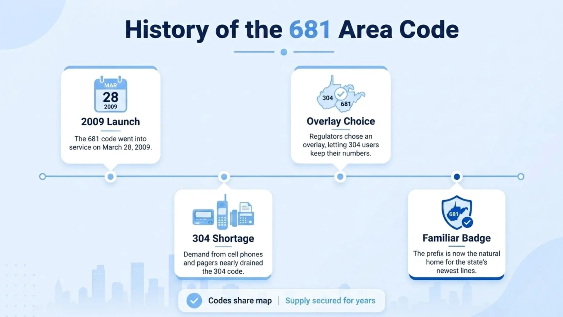History of the 681 Area Code — 2009 launch on March 28, the 304 shortage from cell phones and pagers, the overlay choice letting 304 users keep their numbers, and the prefix becoming a familiar badge