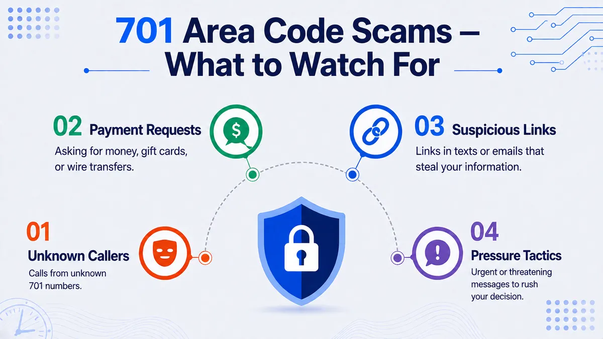 Four warning signs of 701 phone scams — unknown callers, payment requests, suspicious links, and pressure tactics