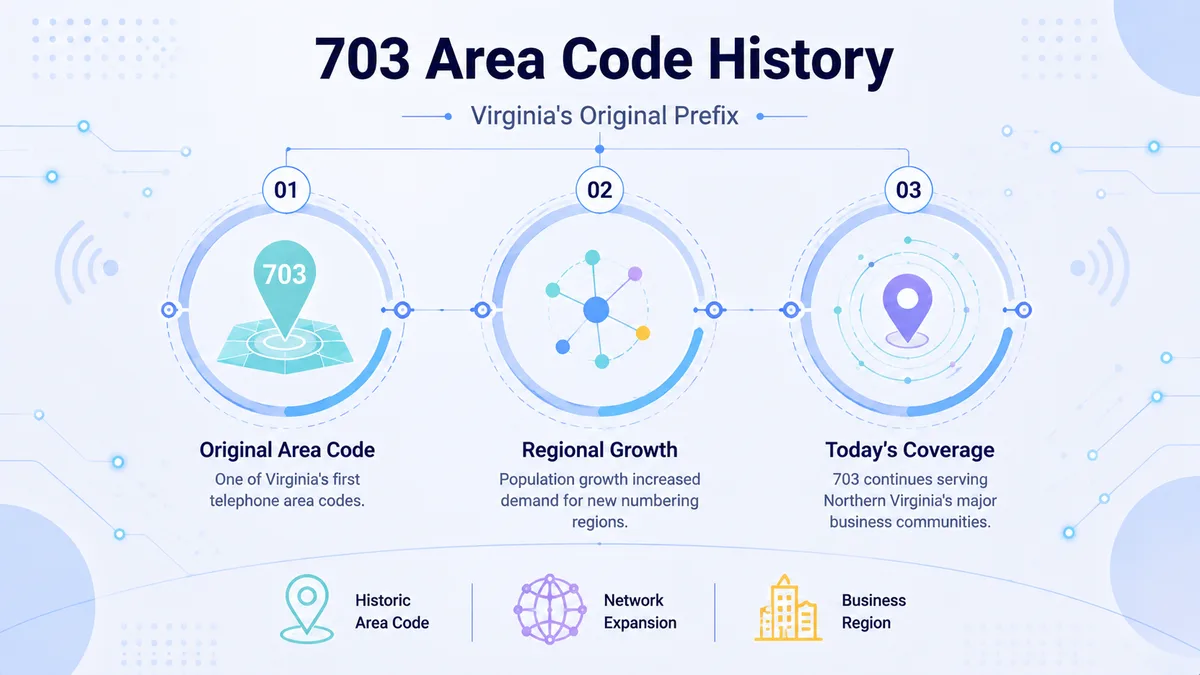 703 code established in 1947 as Virginia's original NANP prefix — timeline from statewide coverage to the 804 split in 1996 and the 571 overlay introduced in 2000 for Northern Virginia